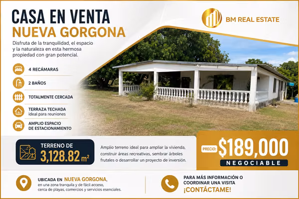 SE VENDE HERMOSA PROPIEDAD EN NUEVA GORGONA – EXCELENTE UBICACIÓN
