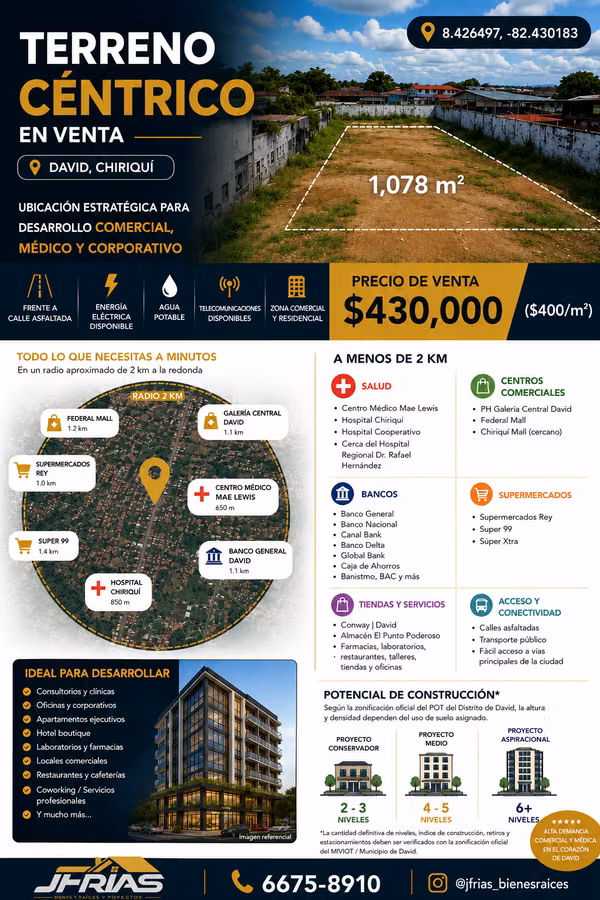 En venta, terreno comercial,  céntrico  en Avenida C Sur, David, Chiriquí