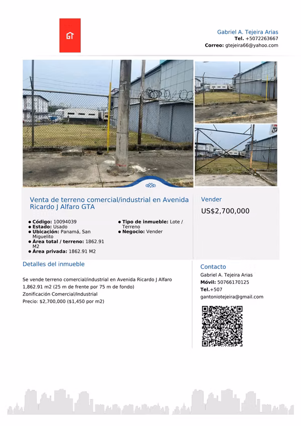 Venta de terreno comercial/industrial en Avenida Ricardo J Alfaro GTA