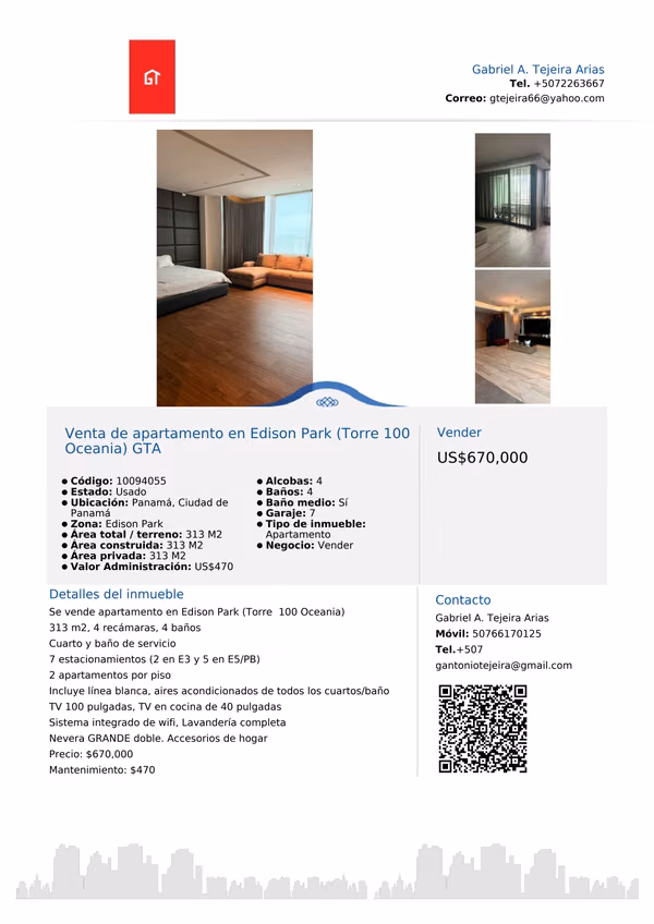 Venta de apartamento en Edison Park (Torre  100 Oceania) GTA