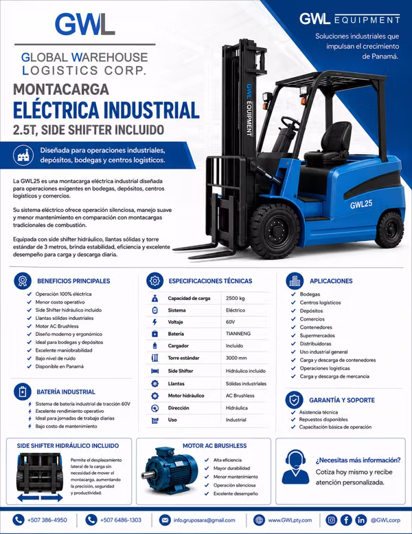 MONTACARGA ELÉCTRICA INDUSTRIAL 2.5T, SIDE SHIFTER INCLUIDO, AÑO 2027