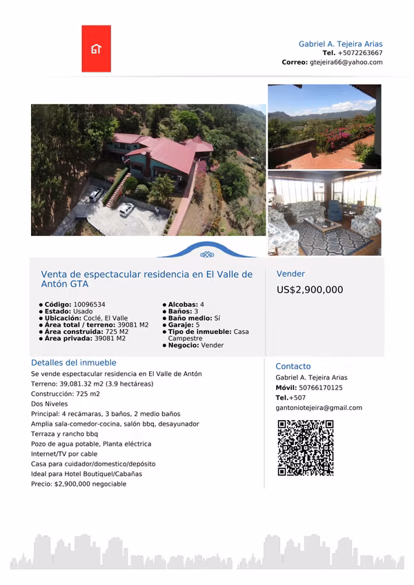 Venta de espectacular residencia en El Valle de Antón GTA