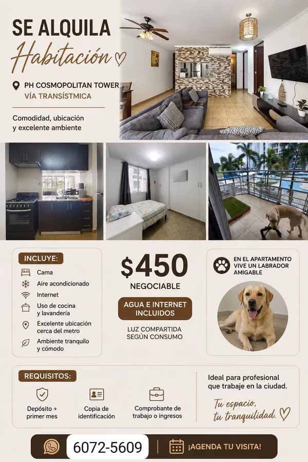 Habitación amoblada Dama – PH Cosmopolitan Tower, Vía Transístmica