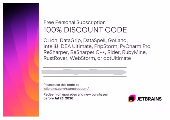 JetBrains 100% Discount Code – Personal Subscription (Unused)