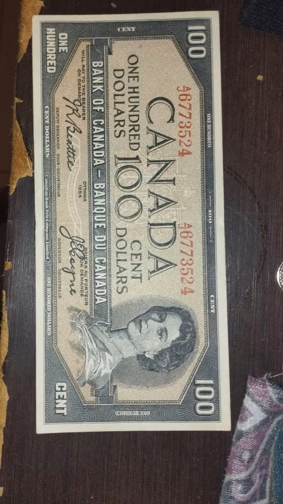 Billete Antiguo de 100 Dólares Canadá (1954)
