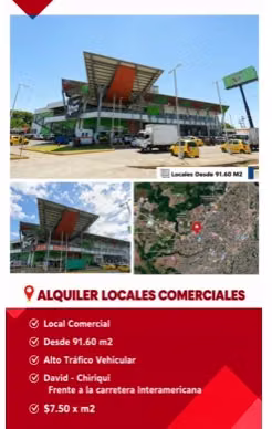 DAVID CHIRIQUÍ 92 M2 $7.50 x M2 ALQUILO FRENTE A CARRETERA INTERAMERICANA