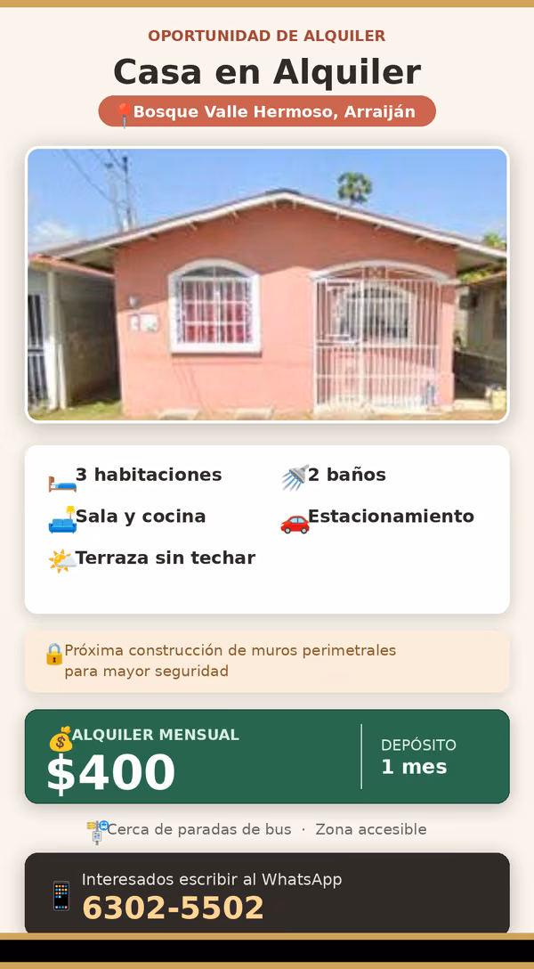 Alquiler de casa Bosque Valle Hermoso