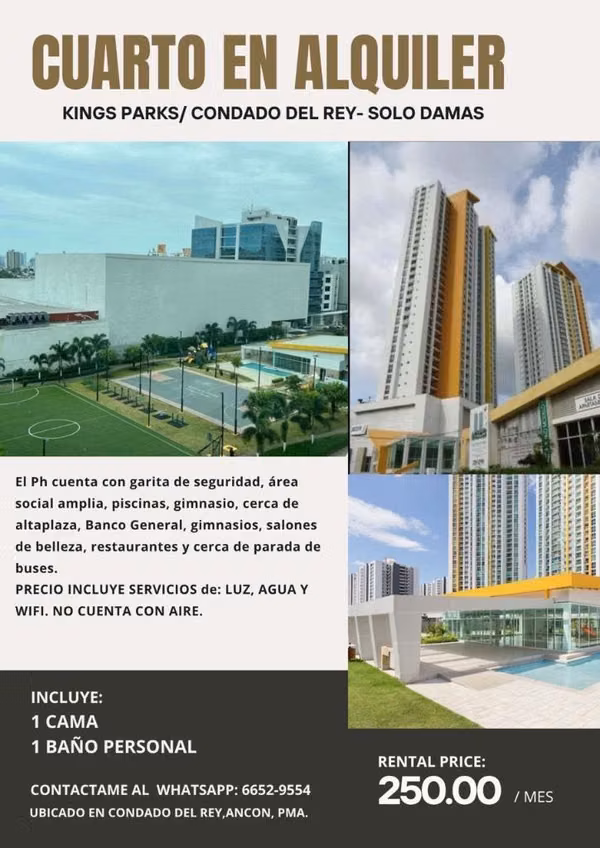 CUARTO EN ALQUILER – CONDADO DEL REY, PANAMÁ – SOLO DAMAS