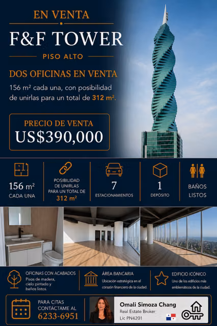 Venta Oficinas  de 156m2 c/u en F&F Tower (El Tornillo) Calle 50 Totalmente nuevas
