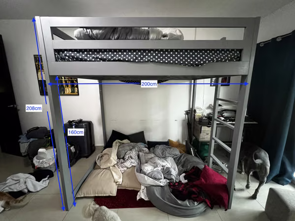 Wooden loft bed and mattress