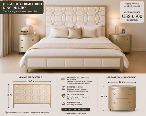Juego de dormitorio King de lujo – Cama + 2 mesas de noche