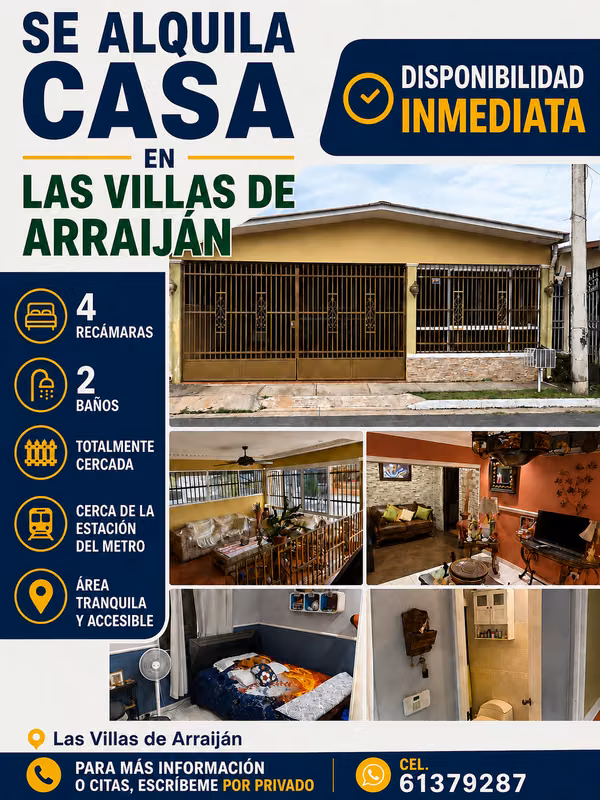 SE ALQUILA VILLAS DE ARRAIJÁN BARRIADA LAS PRADERAS