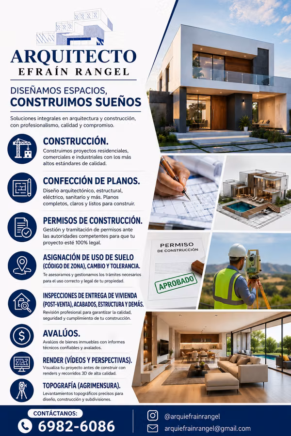 Architect, Construction, Use of soil, Avaluos, Planos and Permisos.