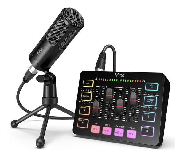 FIFINE Kit de Audio Gaming y Streaming con Micrófono XLR + Mezclador RGB