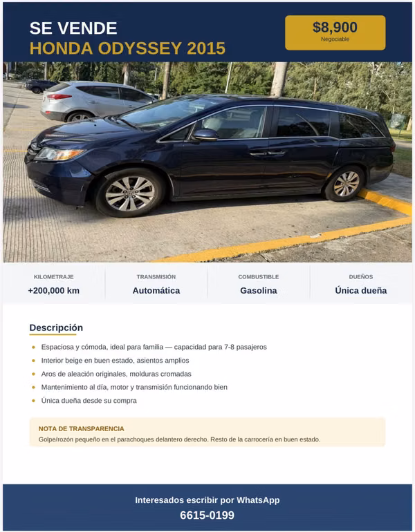 Honda Odyssey 2015 automática, única dueña, 7-8 pasajeros, mantenimiento al día