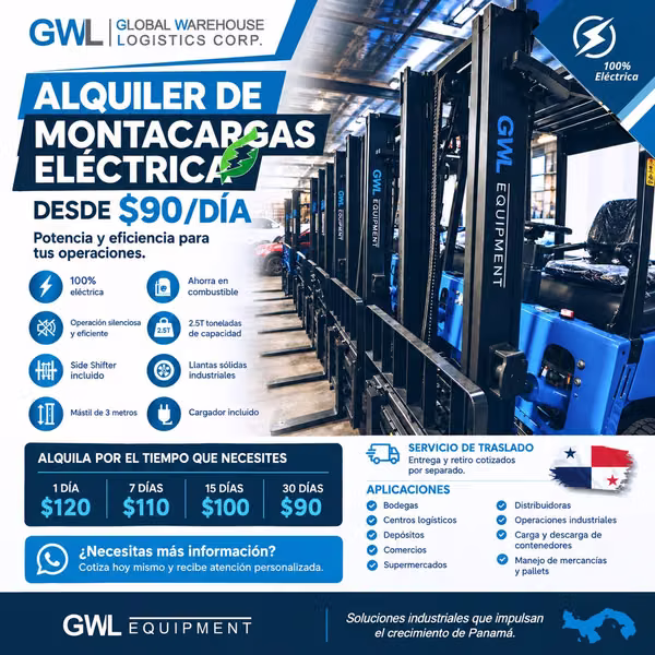 ALQUILER DE MONTACARGAS ELÉCTRICA DESDE $90/DÍA