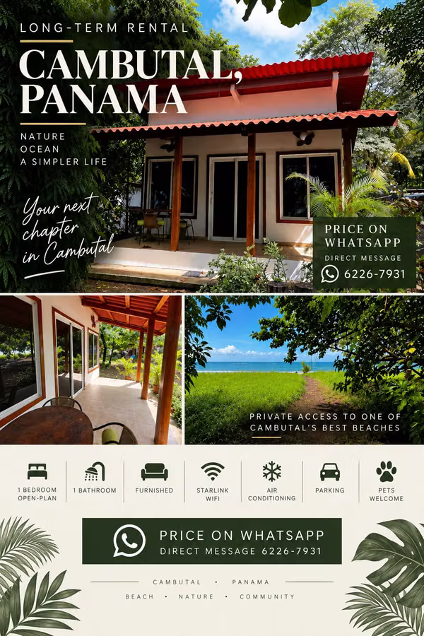 Cambutal Beach Long- Term and Short term rental - Furnished 1st Bedroom Beach Cabin - Private Beach 