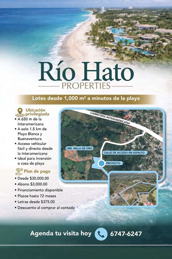 Lotes from 1000 meters on and farms in Rio Hato center from 1 hectare on.