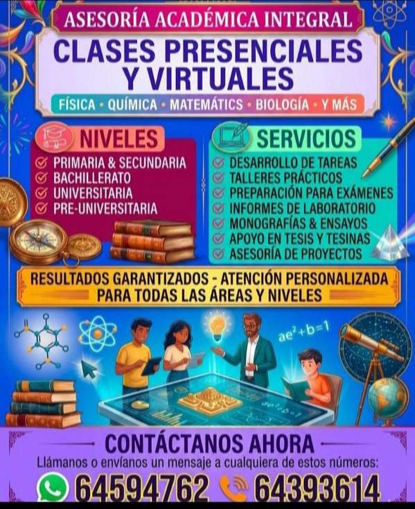 Tutoría y trabajos presenciales y virtuales de física, química y matemáticas 