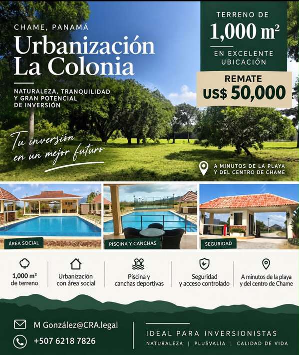 Terreno titulado de 1000 m² con vista a las montañas en PH Colonia Chame