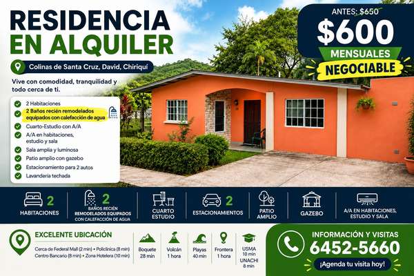 Alquila acogedora residencia en David Cabecera, Vua Boquete