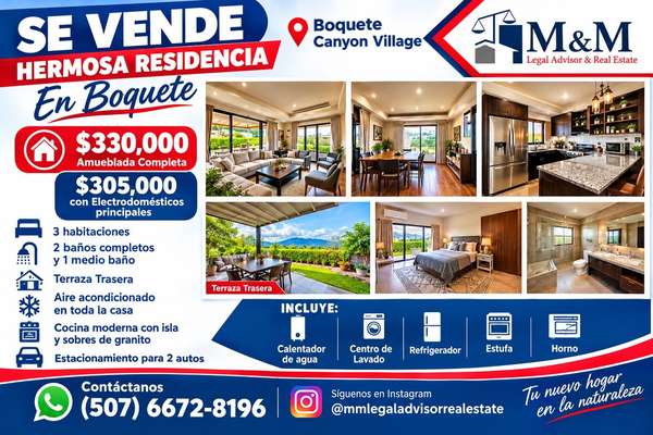 Exclusiva residencia de 3 habitaciones en Boquete Canyon Village, amueblada y con vistas a la montaña