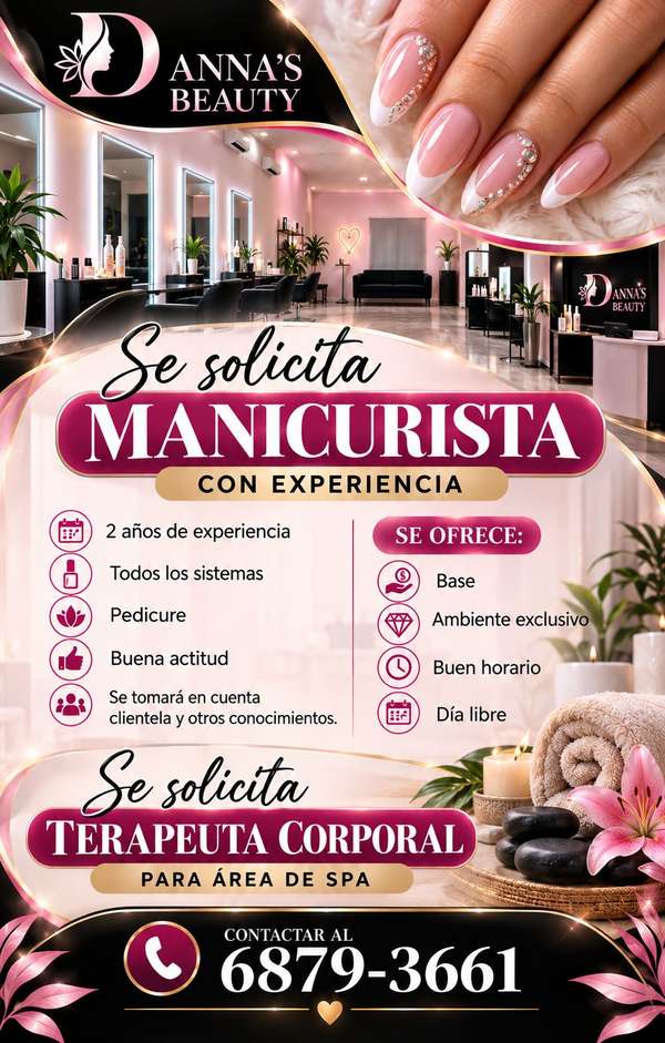 Se solicita Manicurista con experiencia y Terapeuta corporal para spa
