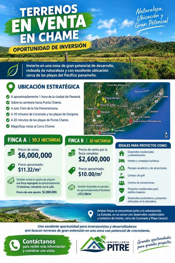 TERRENOS – CHAME / FINCA – VIENTO FRÍO, COSTA ARRIBA DE COLÓN