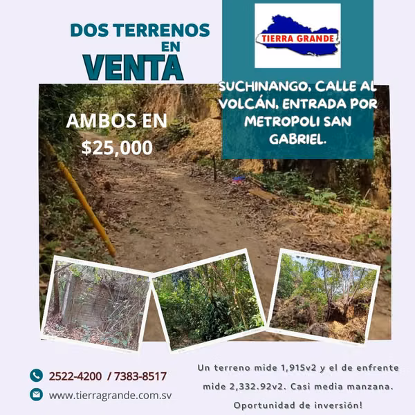 Venta de dos terrenos en Suchinango, San Gabriel, Apopa