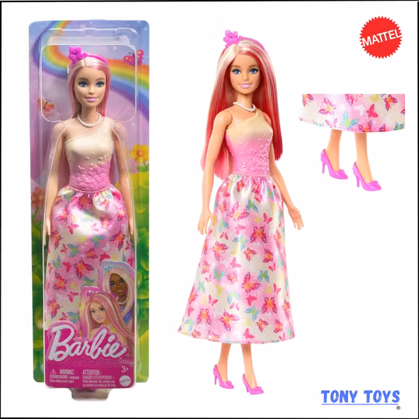 Barbie Muñeca pelo rosa y rubio, accesorios y falda con estampado de mariposas.