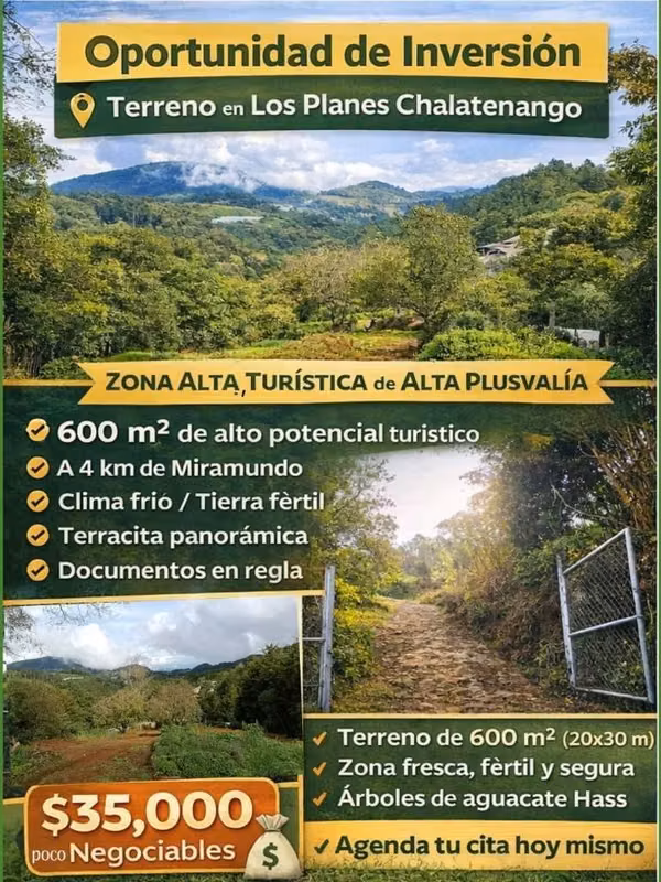 Terreno en Chalatenango,a 4km de Miramundo,de 600m2 listos para escriturar