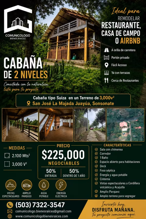 Cabaña estilo Suizo más en terreno de 3,000V² Juayua Sonsonate