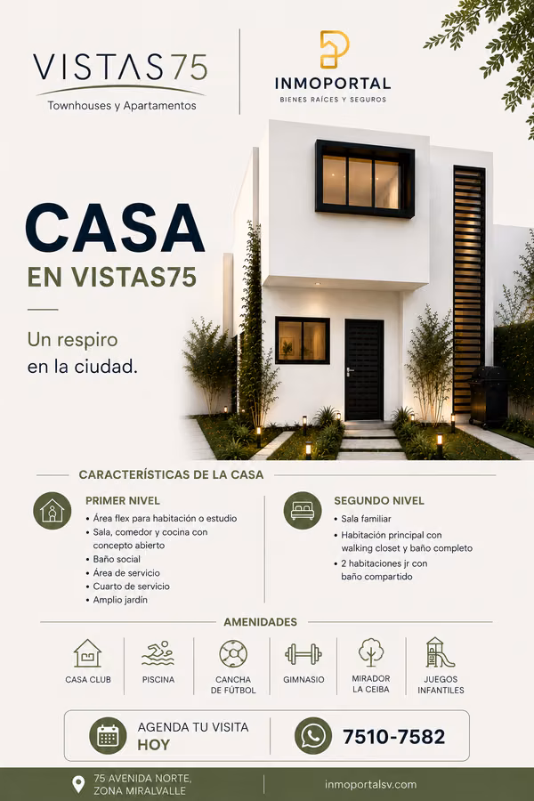 Casa de 2 niveles en Vistas75, San Salvador | 3 habitaciones + área flex y jardín