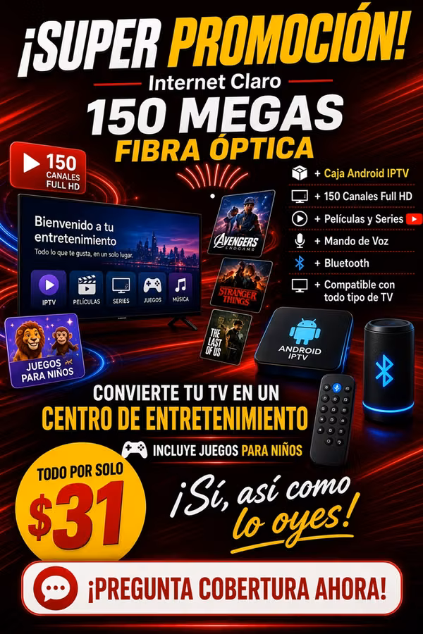 Internet claro fibra optica 150 Megas mas iptv cable