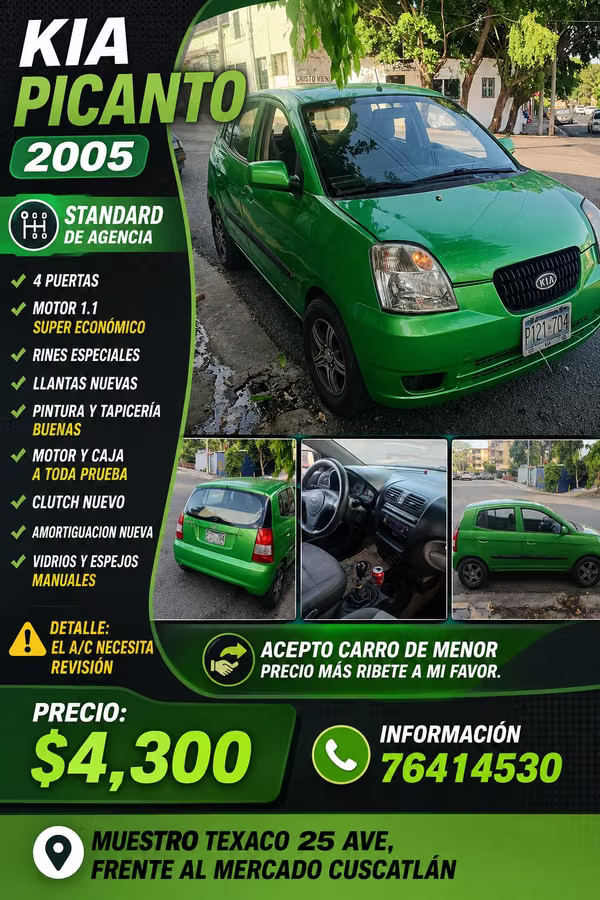 KIA PICANTO 2005  Standard de Agencia  4 puertas  Motor 1.1 Super Económico  Rines Especiales  Llantas Nuevas.