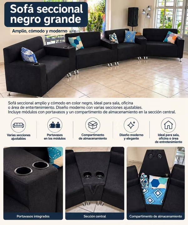 sectional sofa for 8 people with glass holder and storage
