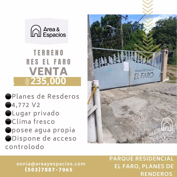 SE VENDE TERRENO EN PARQUE RESIDENCIAL EL FARO PLANES DE RENDEROS