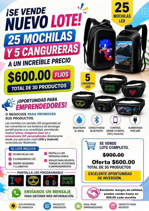 LOTE DE MOCHILAS Y CANGURERAS CON PANTALLAS LED
