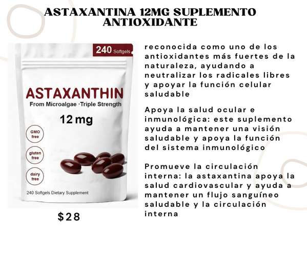 Astaxantina 12mg Suplementos antioxidantes, 240 cápsulas blandas