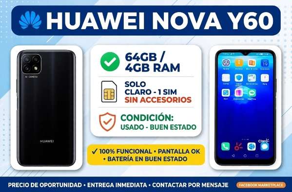 Huawei Nova Y60 64GB / 4GB RAM - Solo CLARO - 1 SIM - Usado Buen Estado