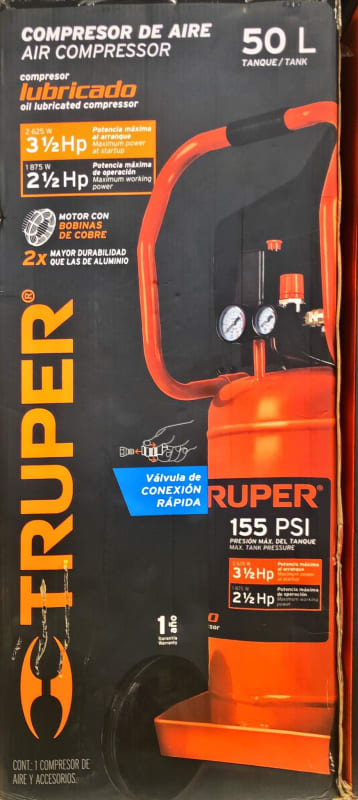 TRUPER COMP-50LV Compresor de aire lubricado con aceite de 13 galones.  Herramienta eléctrica de 120 voltios. 1 paquete