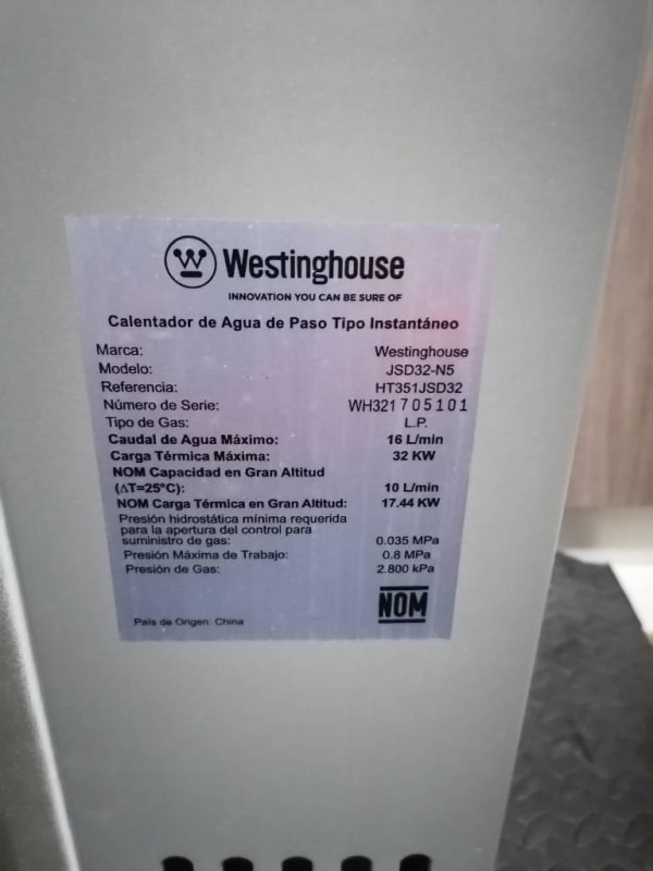 Calentador de Agua Instantáneo a Gas de 16 Litros Westinghouse