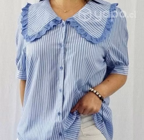 Blusa cuello bobo rayas celeste