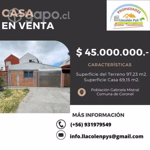 Se vence casa en sector Gabriela Mistral Coronel