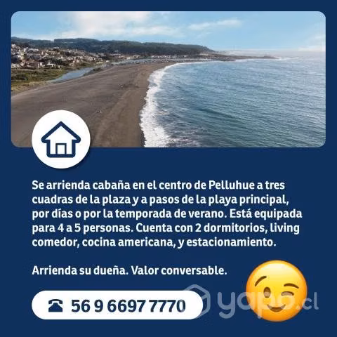 Cabaña cerca de la playa y plaza de Pelluhue