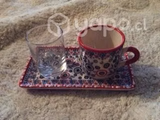 Juego cafe Turco taza,vaso,bandeja ceramica