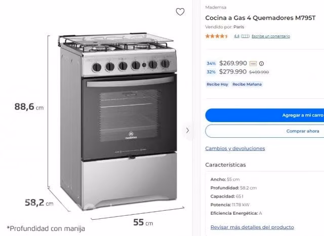 Cocina a gas 4 quemadores Mademsa M795T