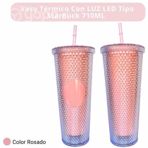 Vaso Rosado Térmico LUZ LED tipo StarBuck 710ML