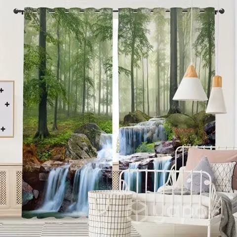 2pcs Cortinas Opacas De Bosque Árboles Verdes Selv