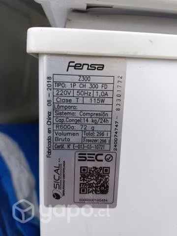 Congeladora 300 lts marca Fensa